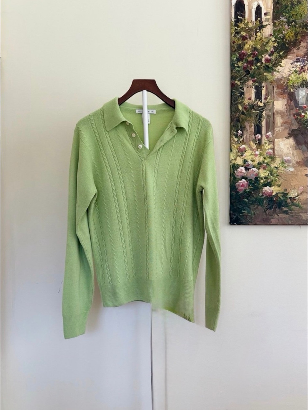 Geoffrey Beene Light Green Cable Knit V-Neck Sweater Size S Super Soft